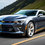 A powerful Chevrolet Camaro SS, deep metallic grey, showcasing its aggressive, low-slung stance and muscular fender lines. The car is captured in a dynamic action shot, speeding through a winding mountain pass with a hint of motion blur, under a vibrant, clear sky. Its sharp LED daytime running lights pierce through the scene. The overall atmosphere conveys raw power and high performance. professional photography, high quality, highly detailed, perfect anatomy, correct proportions, natural body proportions, fully clothed, modest clothing, appropriate attire, professional dress, safe for work, appropriate content, family-friendly.
