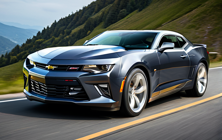 A powerful Chevrolet Camaro SS, deep metallic grey, showcasing its aggressive, low-slung stance and muscular fender lines. The car is captured in a dynamic action shot, speeding through a winding mountain pass with a hint of motion blur, under a vibrant, clear sky. Its sharp LED daytime running lights pierce through the scene. The overall atmosphere conveys raw power and high performance. professional photography, high quality, highly detailed, perfect anatomy, correct proportions, natural body proportions, fully clothed, modest clothing, appropriate attire, professional dress, safe for work, appropriate content, family-friendly.