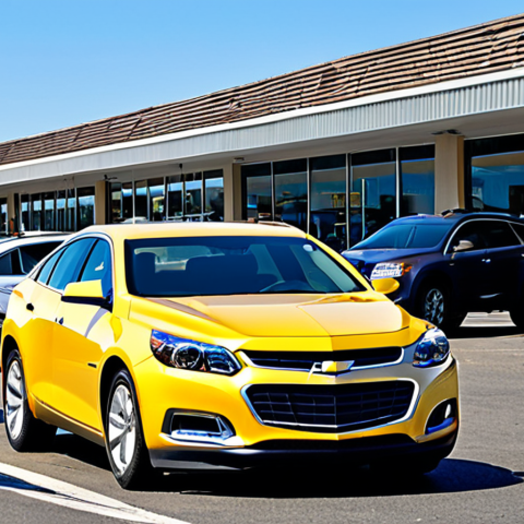 쉐보레 말리부 중고차 리세일 가치 - Malibu on a Used Car Lot**
"A Chevrolet Malibu parked on a used car lot on a sunny day, surrounded ...