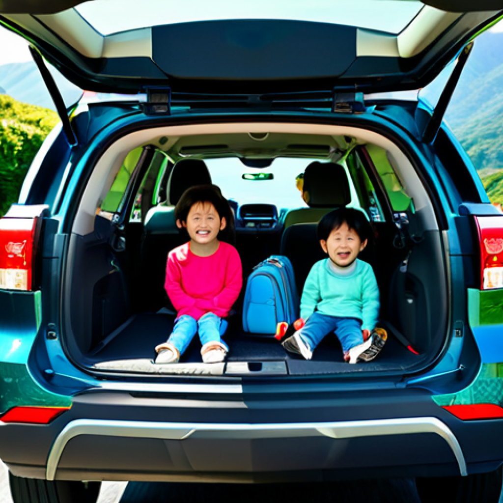 쉐보레 트래버스의 최신 기술 - Family Road Trip**
A modern Chevrolet Traverse, fully loaded with luggage, driving along a scenic c...