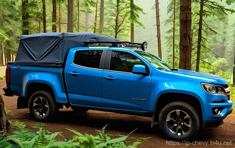 쉐보레 콜로라도의 적재함 활용 팁 - **Prompt: Serene Morning Car Camping in Chevrolet Colorado**
    
    A wide shot of a Chevrolet Col...