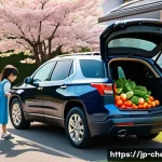 쉐보레 트래버스 유지보수 비용 - **Prompt:** A sun-drenched suburban street scene in Japan. A meticulously clean, dark blue Chevrolet...