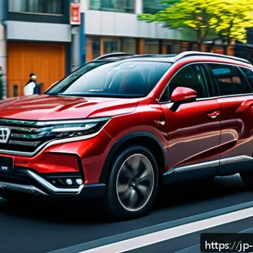 쉐보레 말리부 디젤 차량의 경제성 - A sleek, modern diesel car driving smoothly through a bustling Japanese city street during daytime, ...