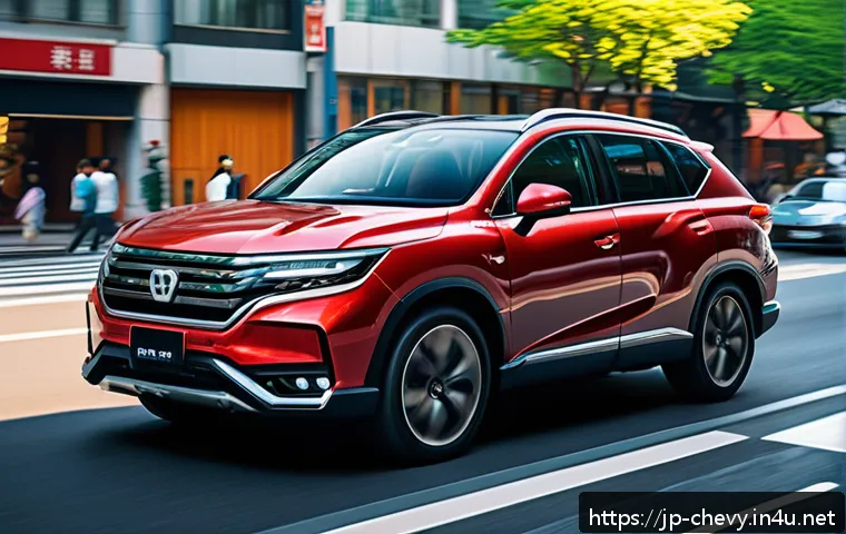 쉐보레 말리부 디젤 차량의 경제성 - A sleek, modern diesel car driving smoothly through a bustling Japanese city street during daytime, ...