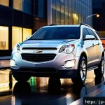 쉐보레 이쿼녹스 VS 르노 캡처 - A sleek, modern urban scene featuring a Chevrolet Equinox parked on a bustling city street at dusk. ...