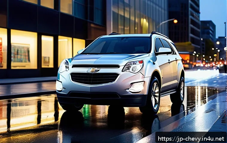 쉐보레 이쿼녹스 VS 르노 캡처 - A sleek, modern urban scene featuring a Chevrolet Equinox parked on a bustling city street at dusk. ...