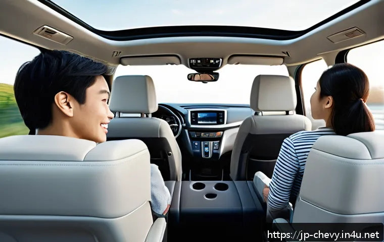 쉐보레 트래버스 장기 시승기 - Spacious and modern interior of a 7-seater SUV designed for family comfort, showing three rows of se...