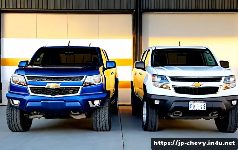 쉐보레 콜로라도 적재 용량 비교 - Photorealistic side-by-side comparison of two modern midsize pickup trucks resembling a Chevrolet Co...